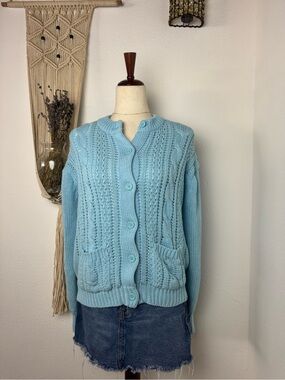 Vintage Light Blue Cable Knit Button Cardigan